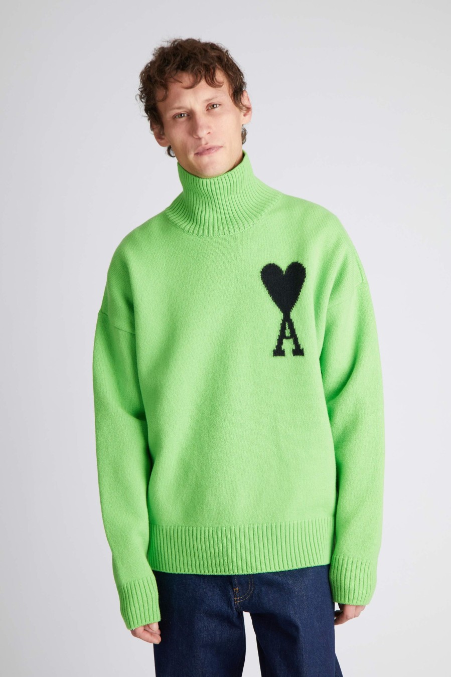 Homme AMI PARIS Pulls & Sweatshirts | Pull Col Cheminee Ami De Coeur Vert Neon/Noir